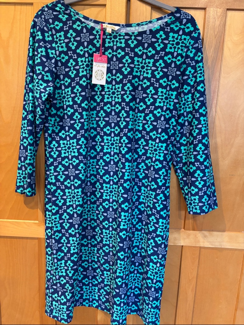All For Color Navy and Teal Geometric Midi Dress - large 10/12, SPF 50